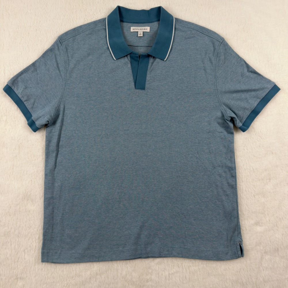Banana Republic Mens L Blue Heathered Cotton Johnny Collar Polo Shirt Short Slv